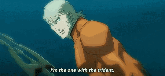 a cartoon character is swimming in the water and saying i 'm the one with the trident .