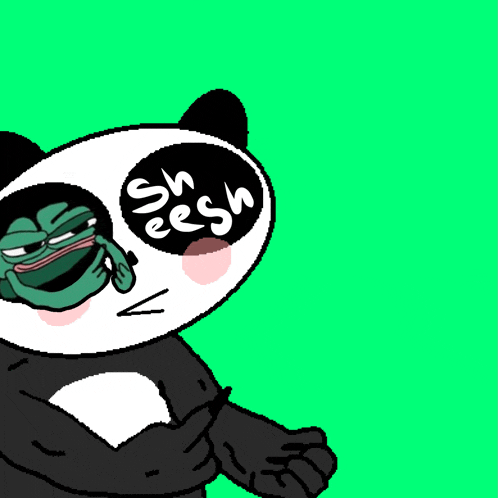 a panda bear with a frog on its face and the words shr eesh on it 's face