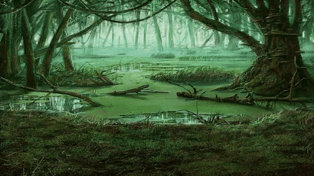 a painting of a swamp in a forest with trees and mushrooms