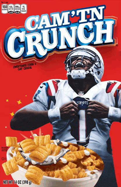 a box of cam ' tn crunch cereal shows a football player