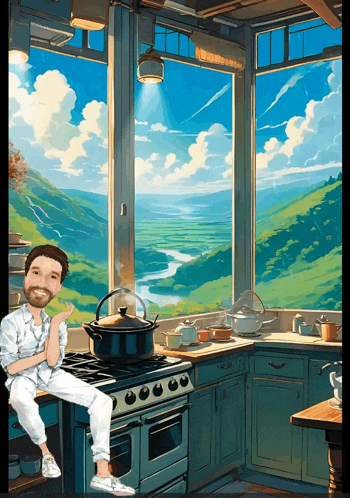 a man sits on a stove in front of a painting