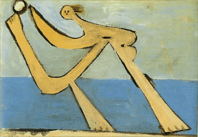 a painting of a woman sitting on a beach with a ball in her hand