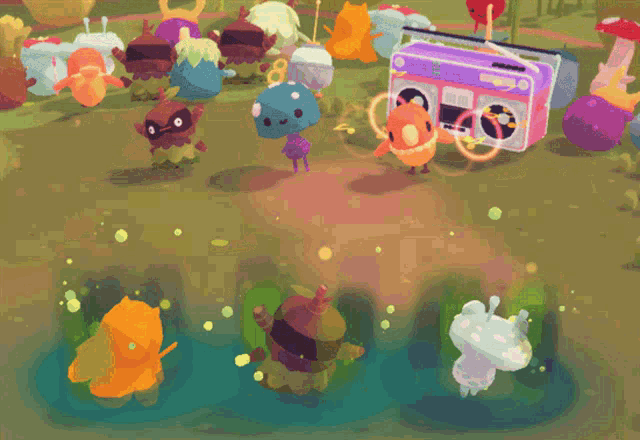 a bunch of cartoon characters are dancing around a boombox that says ' nintendo ' on it