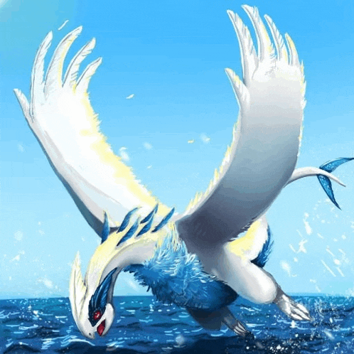 a white and blue dragon is flying over the water