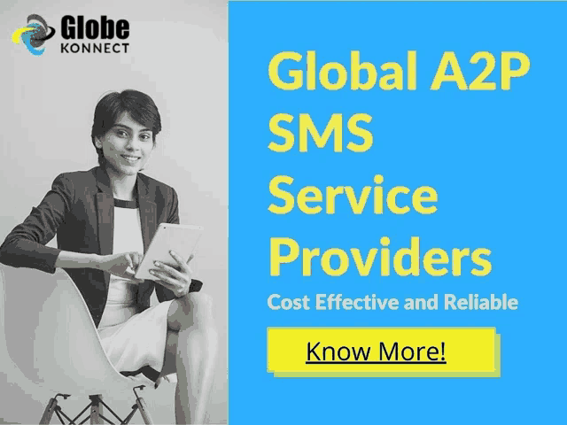 a woman is sitting in a chair holding a tablet with the words global a2p sms service providers below her