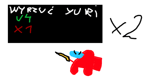 a drawing of a red among us character with a sword next to a sign that says wyrzuc yuri