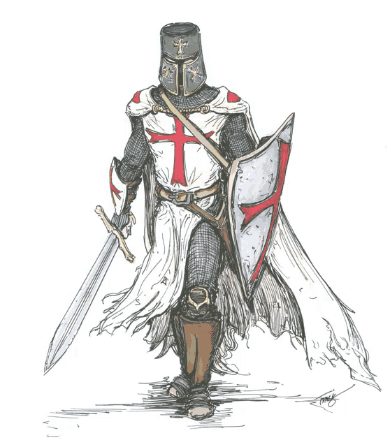 a drawing of a knights holding a sword and shield