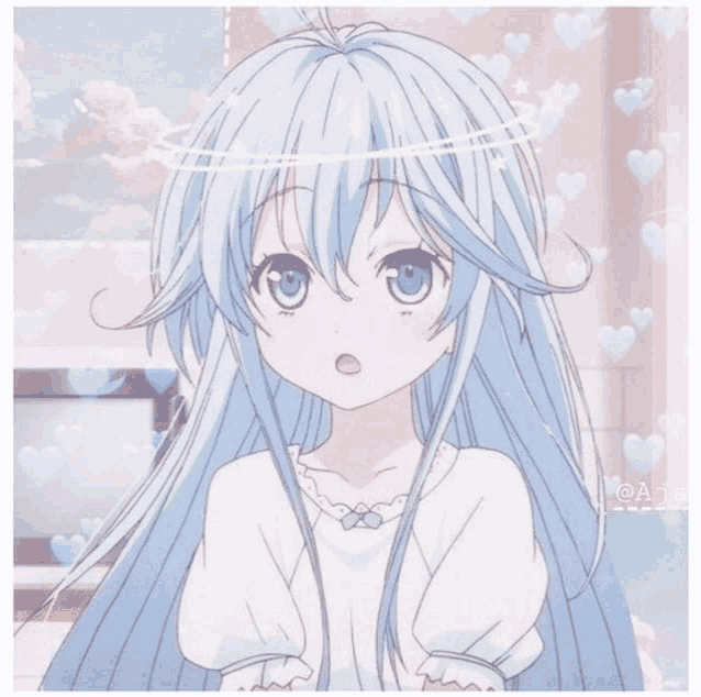 a girl with long blue hair and a white halo on her head