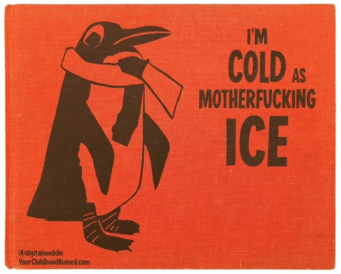 an orange poster with a penguin and the words " i 'm cold as motherfucking ice " on it