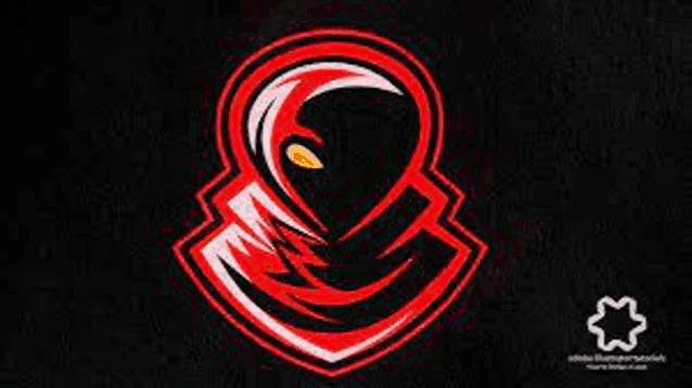 a red and black logo on a black background with a yellow eye .