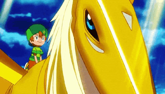 a cartoon of a boy riding a yellow horse