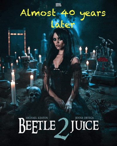 a poster for beetle 2 juice shows a woman sitting in a cemetery