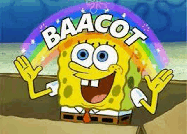 a cartoon of spongebob squarepants with a rainbow behind him and the words baacot .