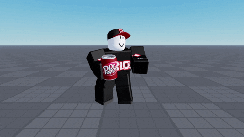 a roblox character is standing next to a coke can on the ground