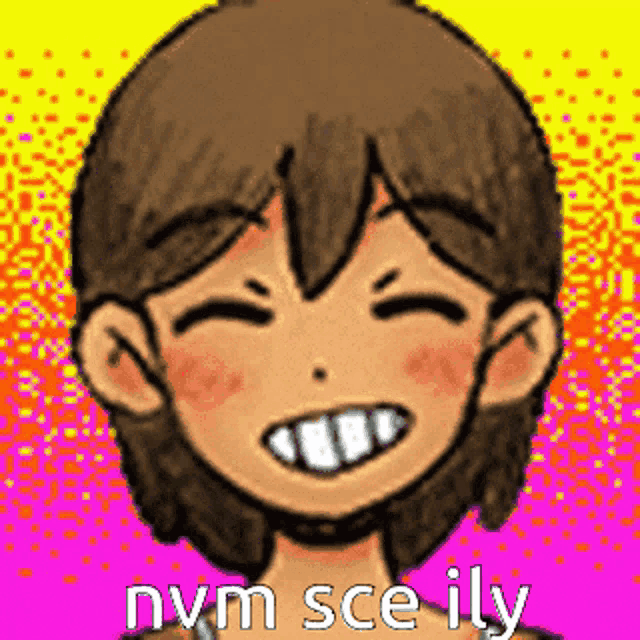 a pixel art of a girl smiling with the words nvm sce ily below her .