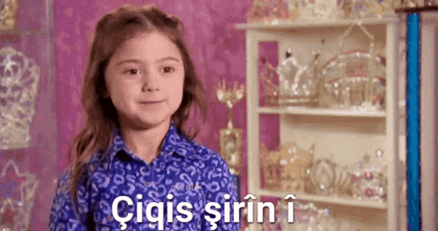 a little girl in a blue shirt is standing in front of a shelf with a lot of jewelry on it .