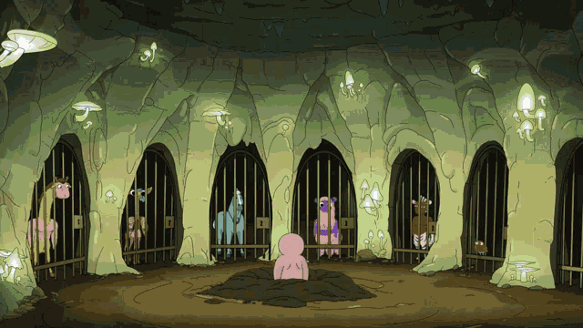 a cartoon drawing of a cave with animals in cage