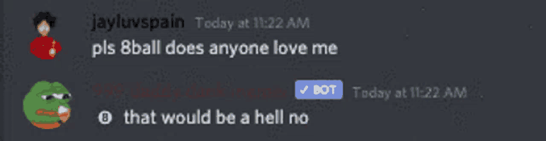 a screenshot of a discord conversation between jayluvspain and a bot