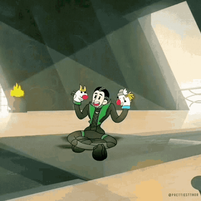 a cartoon drawing of a man sitting on the floor holding two unicorns