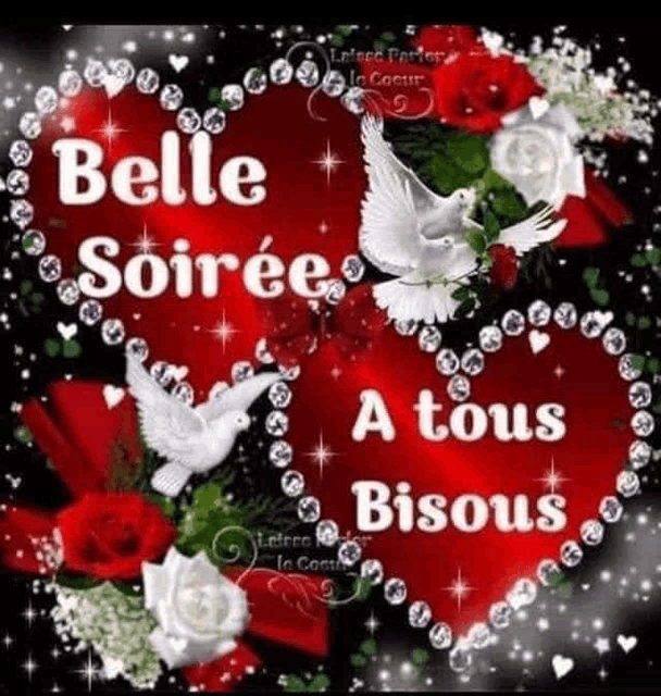 a picture of a heart surrounded by roses and doves with the words `` belle soiree a tous bisous ''