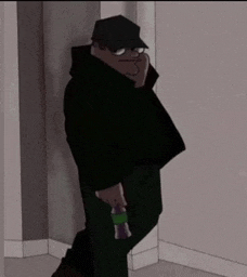 a cartoon man is standing in a hallway holding a bottle of soda .