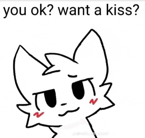 a drawing of a cat with the words `` you ok ? want a kiss ? '' above it .