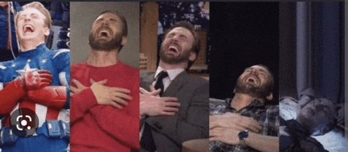 a collage of pictures of a man laughing with his hands on his chest