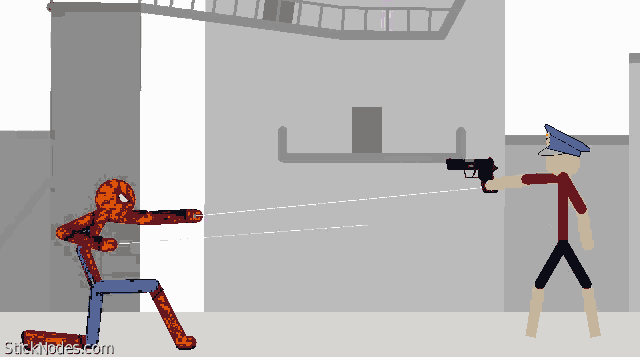 a cartoon of a police officer pointing a gun at spiderman