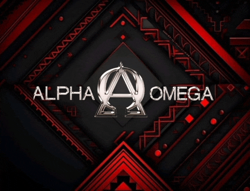 a logo for alpha omega is displayed on a black and red background