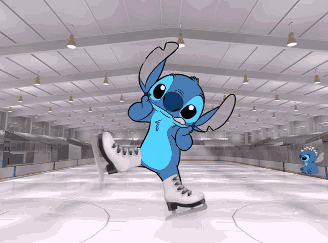 a cartoon of stitch ice skating in a rink