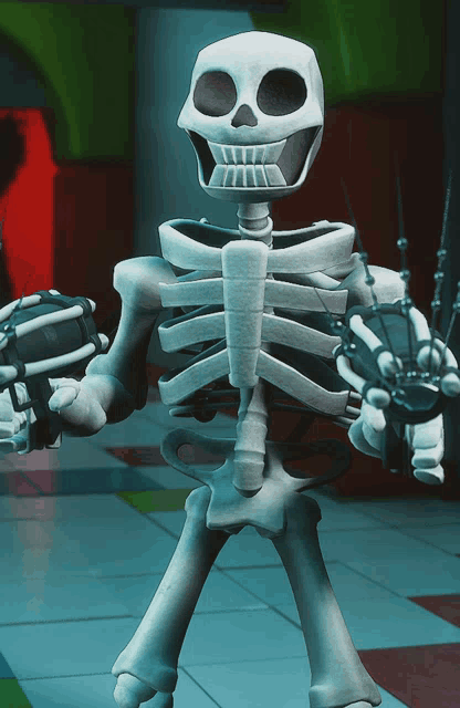 a cartoon skeleton holding a remote control in his hands