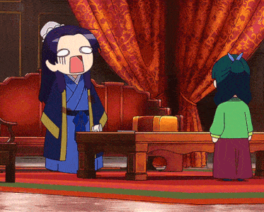 a cartoon of a woman making a funny face standing next to a table