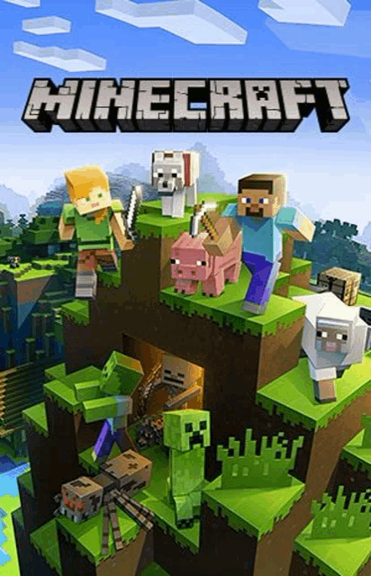 a poster for a video game called minecraft shows a group of minecraft characters standing on top of a hill .