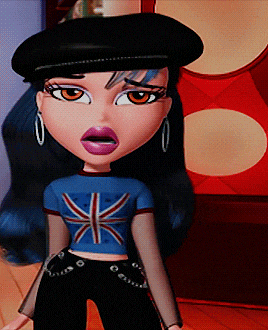 a cartoon girl wearing a black hat and a blue shirt with a british flag on it