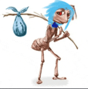 a cartoon ant with blue hair is carrying a bag and a stick