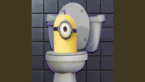 a yellow minion with a sad face is sitting on a toilet