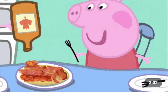 a cartoon of peppa pig sitting at a table with a plate of bacon