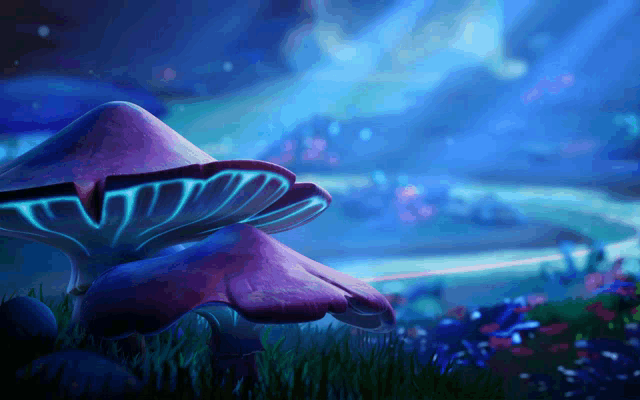 a purple mushroom with a blue light on the top