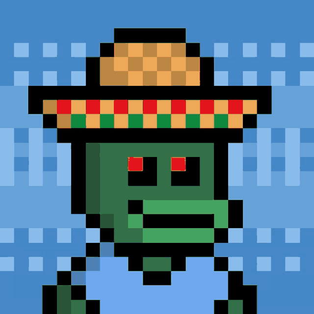 a pixel art of a frog wearing a sombrero and a blue shirt