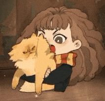 a cartoon girl is sitting on the floor holding a small dog .