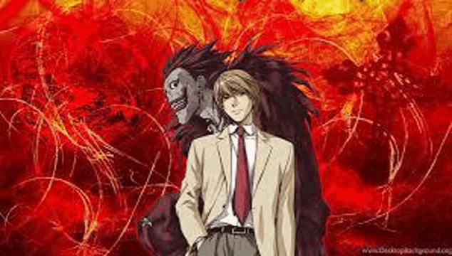 a man in a suit and tie is standing next to a monster in a death note anime .