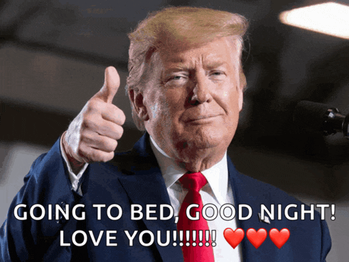 donald trump giving a thumbs up with the words " going to bed good night love you " below him