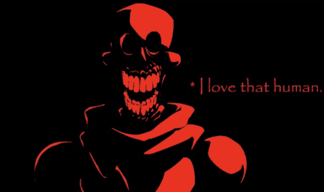 a red skeleton with the words " i love that human " written below it