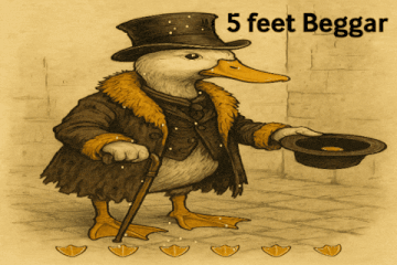 a drawing of a duck wearing a top hat and coat with the words 5 feet beggar above it