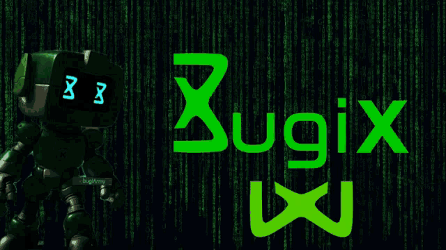 a green robot stands in front of a green background that says ' xugix '