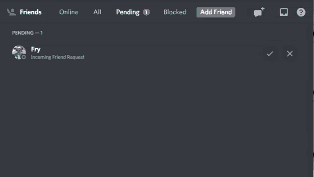 a screenshot of a discord page showing a pending friend request for fry