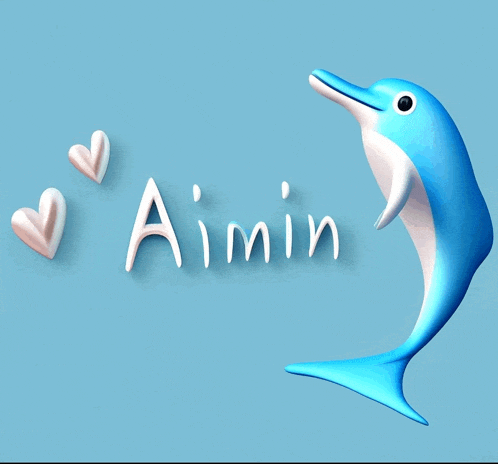 a blue and white dolphin with the name aimin written on it