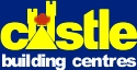 the logo for castle building centres has a castle and a maple leaf on it .