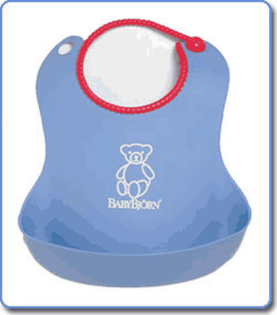 a blue baby bjorn bib with a red rope around the neck