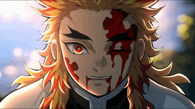 a close up of a character with blood on his face